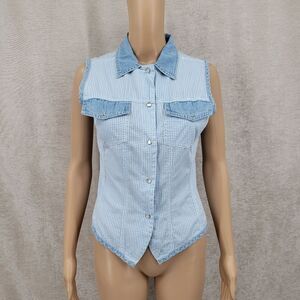 Sasson Vintage 90s Blue Gingham and Denim Sleeveless Pearl Snap Shirt Western